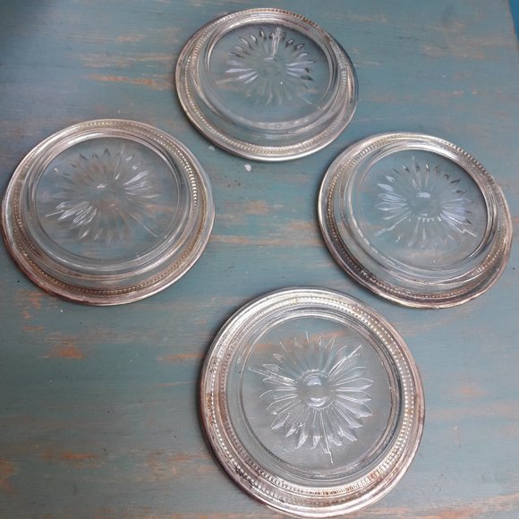 Glass Silver Plated Coasters Vintage Coaster Set Crystal Starburst New in Box - Picture 14 of 16